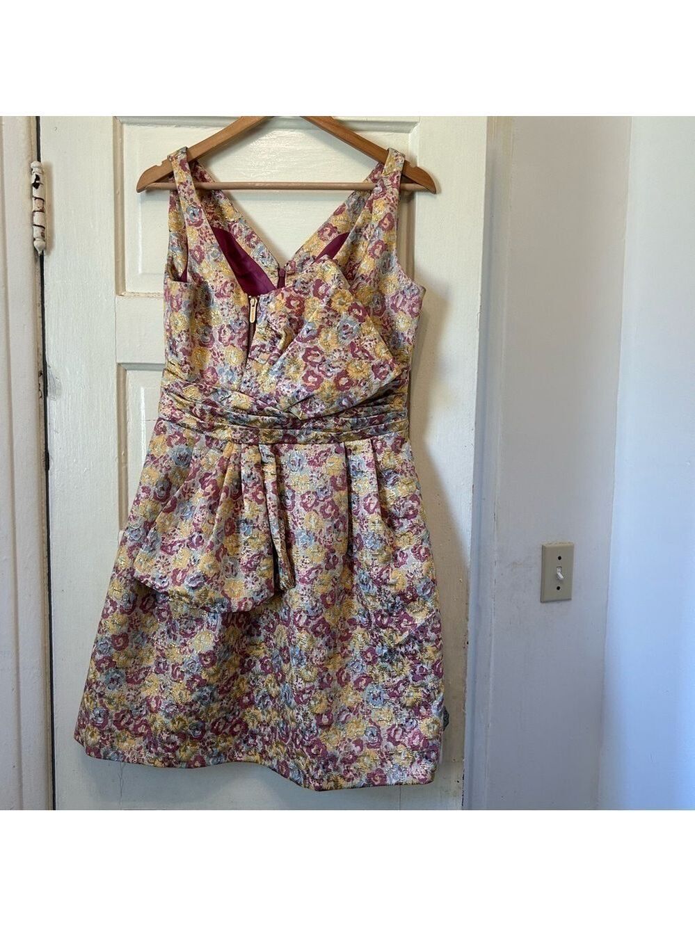 Zac Posen Dress Brocade Cocktail Sz 11 Pink Yellow Lined Pockets